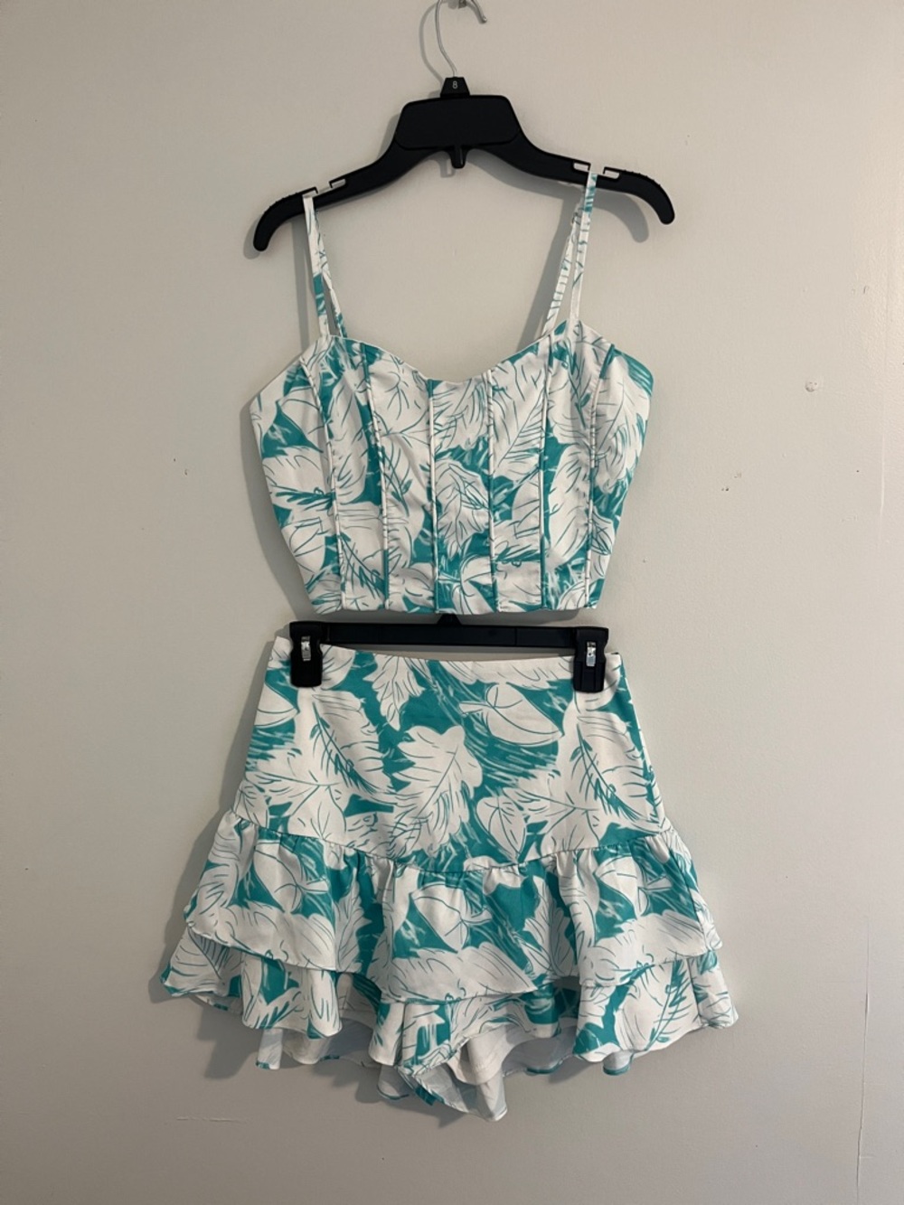 Teal Leaf Print Crop Top & Ruffle Skirt Set